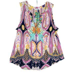 Rose + Olive Womens Sleeveless Boho Top 2X Lightweight V Neck‎ Hippie Colorful